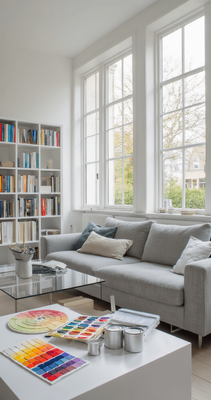 Moderne woonkamer met kleurstalen tegen witte muren, groot natuurlijk daglicht, grijs bankensemble, glazen salontafel en kleurkaarten op bijzettafeltje, verfgerei en laptop voor kleurinspiratie.