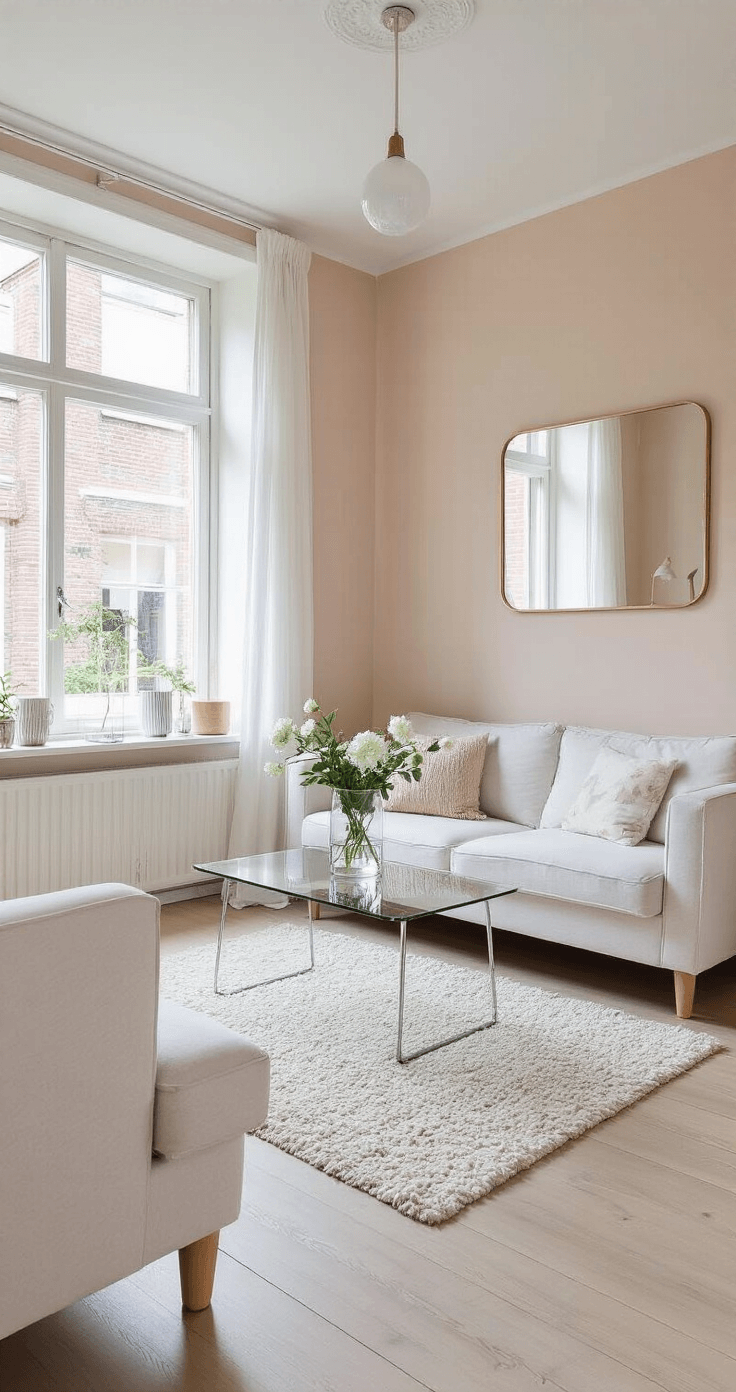 Lichte ruimte-optimalisatie van een kleine woonkamer van 2x3m met lichtroze muren, een compacte witte bank, glazen salontafel en spiegels aan de muur die de ruimte visueel vergroten, witte gordijnen, lichte houten vloer en witte decoratieaccessoires, inclusief een kristallen vaas met witte bloemen, gefotografeerd vanuit de deuropening.