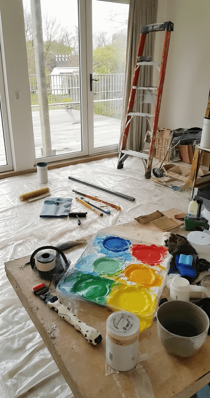 Werkruimte in woonkamer met verfemmers, rollers en kwasten op een dienblad. Aan de muur hangen verfstalen en een kleurenwaaier, terwijl op de vloer een plastic beschermlaag ligt. Een ladder staat in de ruimte en er liggen oude kleding en een koffiekop op een bijzettafel. Natuurlijk licht belicht de verfspullen, met een overzichtshot van de professionele werkplek.