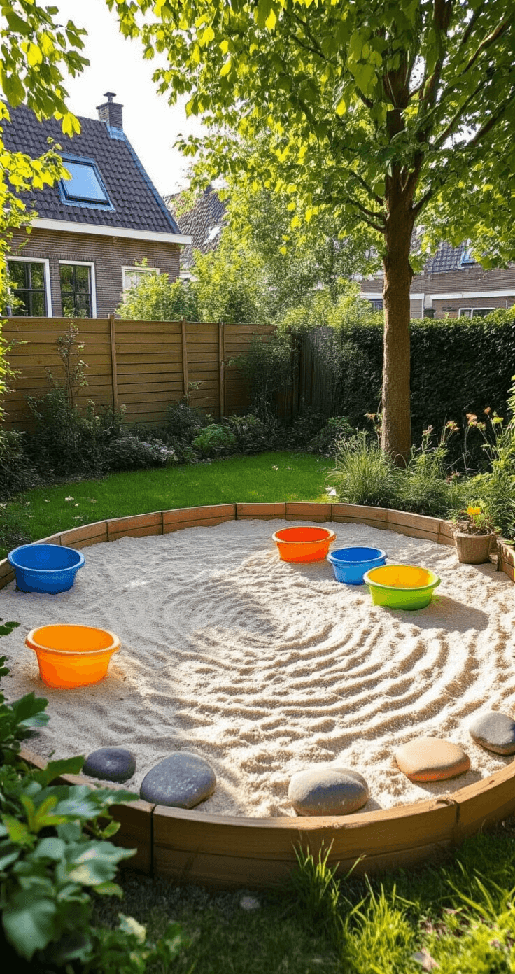 Zonnige achtertuin met houten zandbak gevuld met wit zand en kleurrijke emmers en scheppen, beschilderde stenen als decoratie, onder lindebomen met zachte schaduwen op het gras.