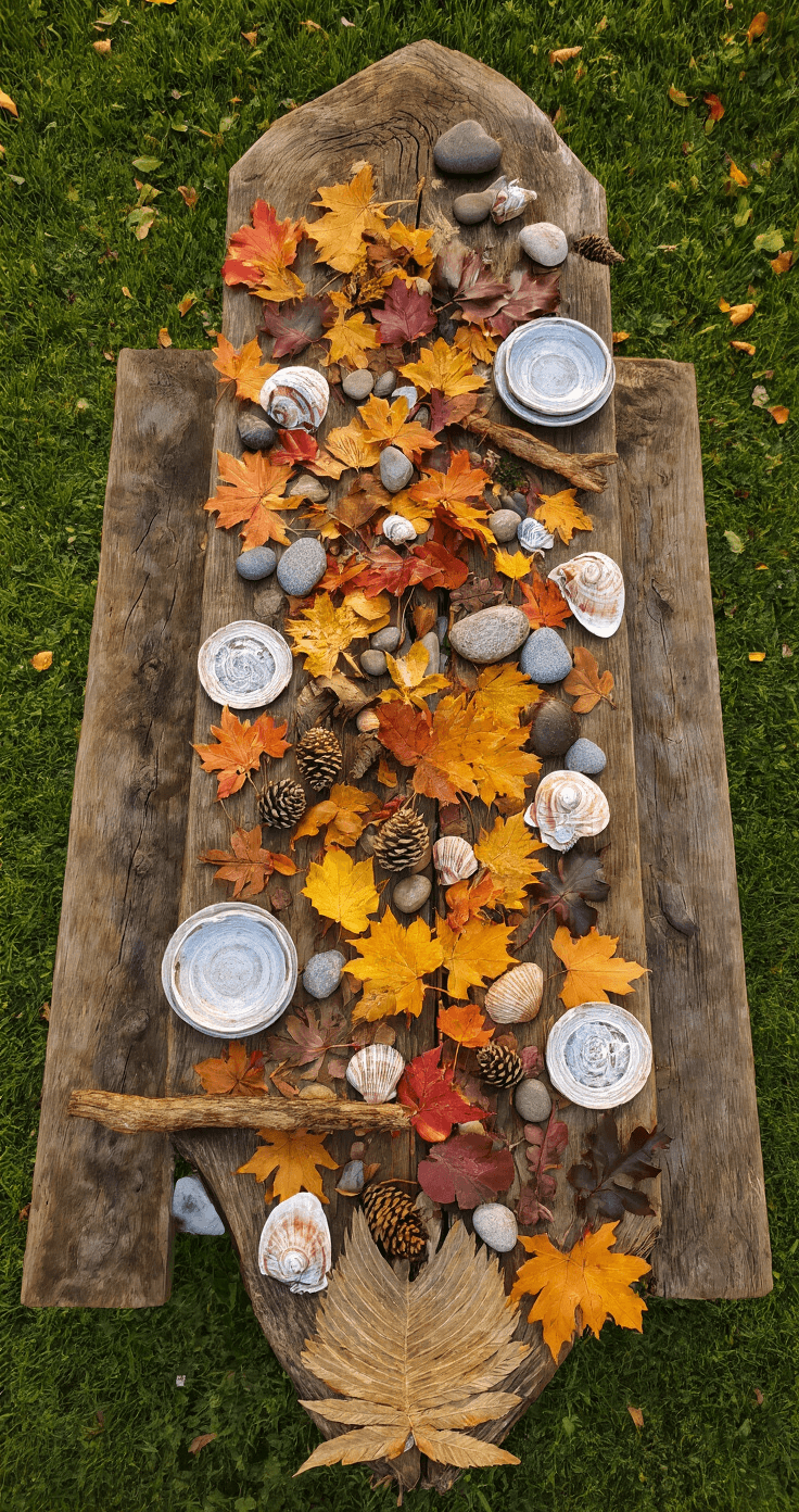 Rustieke houten picknicktafel in een Nederlandse tuin, bedekt met herfstbladeren in goud en rood, gladde rivierstenen, takjes en schelpen, allemaal kunstzinnig gerangschikt op een verweerd eiken plank. Diffuus middaglicht valt door de wolken, met warme aardtinten die domineren. Macro-details zijn zichtbaar vanuit een vogelperspectief, wat een vintage sfeer oproept.