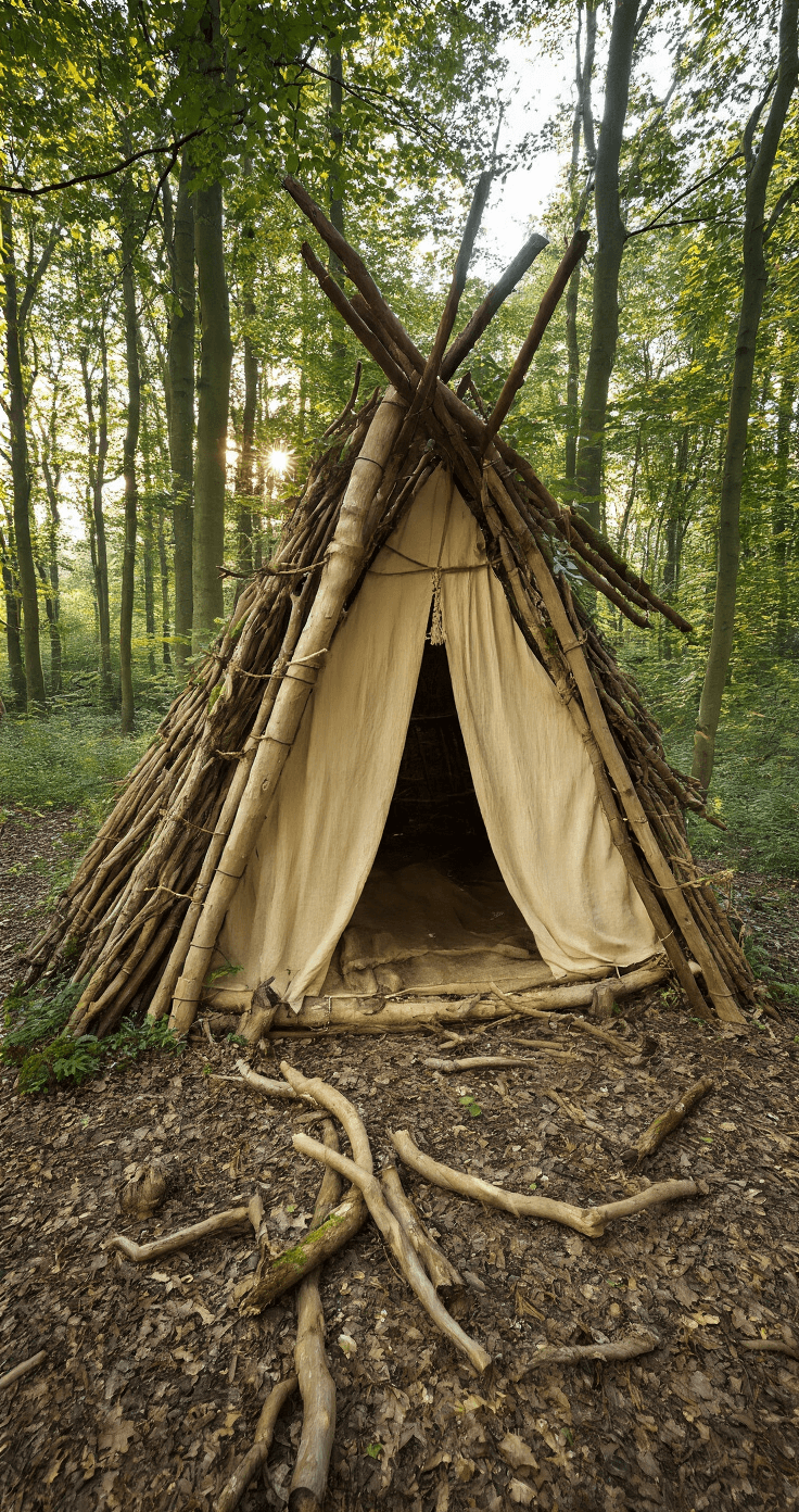 Een geheime kinderhut in een Nederlands bos, gebouwd van takken en bedekt met crèmekleurig linnen, met touwverbindingen zichtbaar en mosbedekte grond. Zonnestralen filteren door het bladerdak, terwijl de late namiddagzon een magische sfeer creëert. Gezien vanuit kind-perspectief.