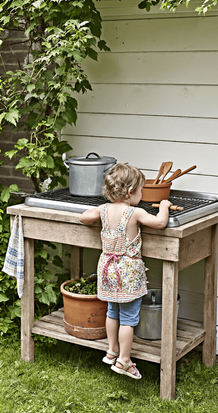 Charmante modderkeuken in een Nederlandse achtertuin met vintage aluminium pannen op een laag houten krukje, houten lepels in een aardewerk pot en natuurlijke ingrediënten zoals bessen en bladeren. Een kind in een kleurrijk katoenen schortje speelt in de ochtendnevel, gefotografeerd op ooghoogte.