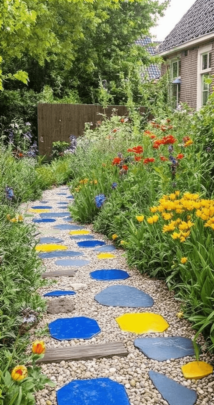 Een close-up van een Nederlandse tuin met kleurrijk beschilderde rivierstenen in geometrische patronen van kobaltblauw, zonnegeel en mosgroen, verspreid tussen wilde bloemen op een heldere zomerdag.