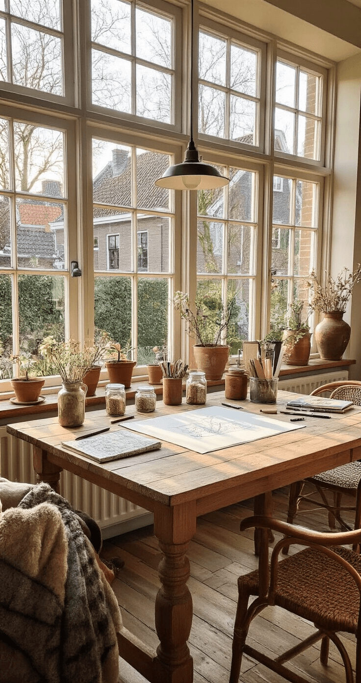 Gezellige Nederlandse woonkamer met een grote eiken tafel vol tekenmateriaal, schetsboeken en potloden in vintage blikjes. Natuursouvenirs in glazen potten en warme avondzon die door grote ramen straalt, creëren een hygge sfeer vanuit een comfortabele zithoek.