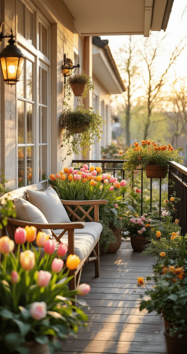 Gezellig balkon bij zonsondergang met pastelroze en gele bloempotten, decoratieve tuinstekers tussen tulpen en narcissen, een houten bankje met linnen kussens, en warme verlichting die de intieme sfeer benadrukt.