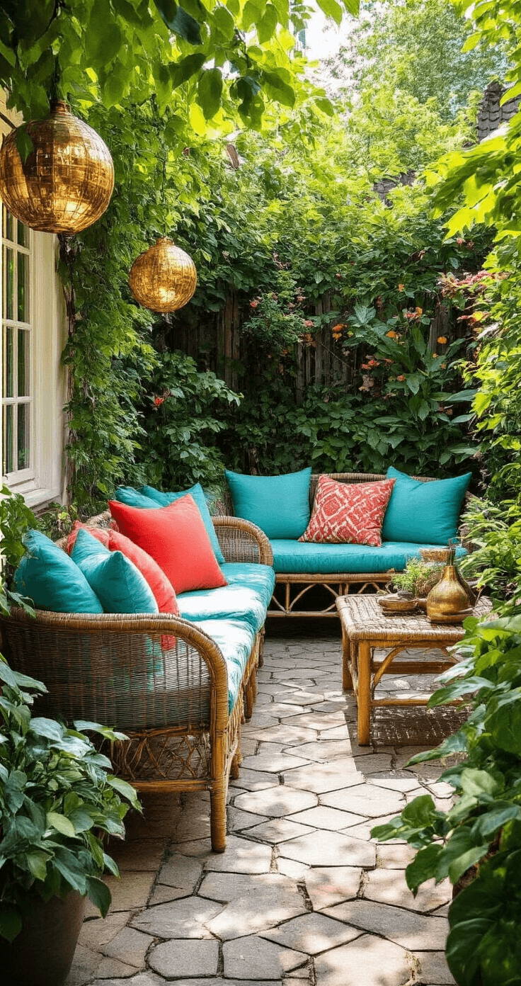 Zonnige Nederlandse tuin met kleurrijke kussens op rieten meubels, gouden solarlampen, een waterornament en natuursteen tegels, gefotografeerd vanuit een verhoogde positie.