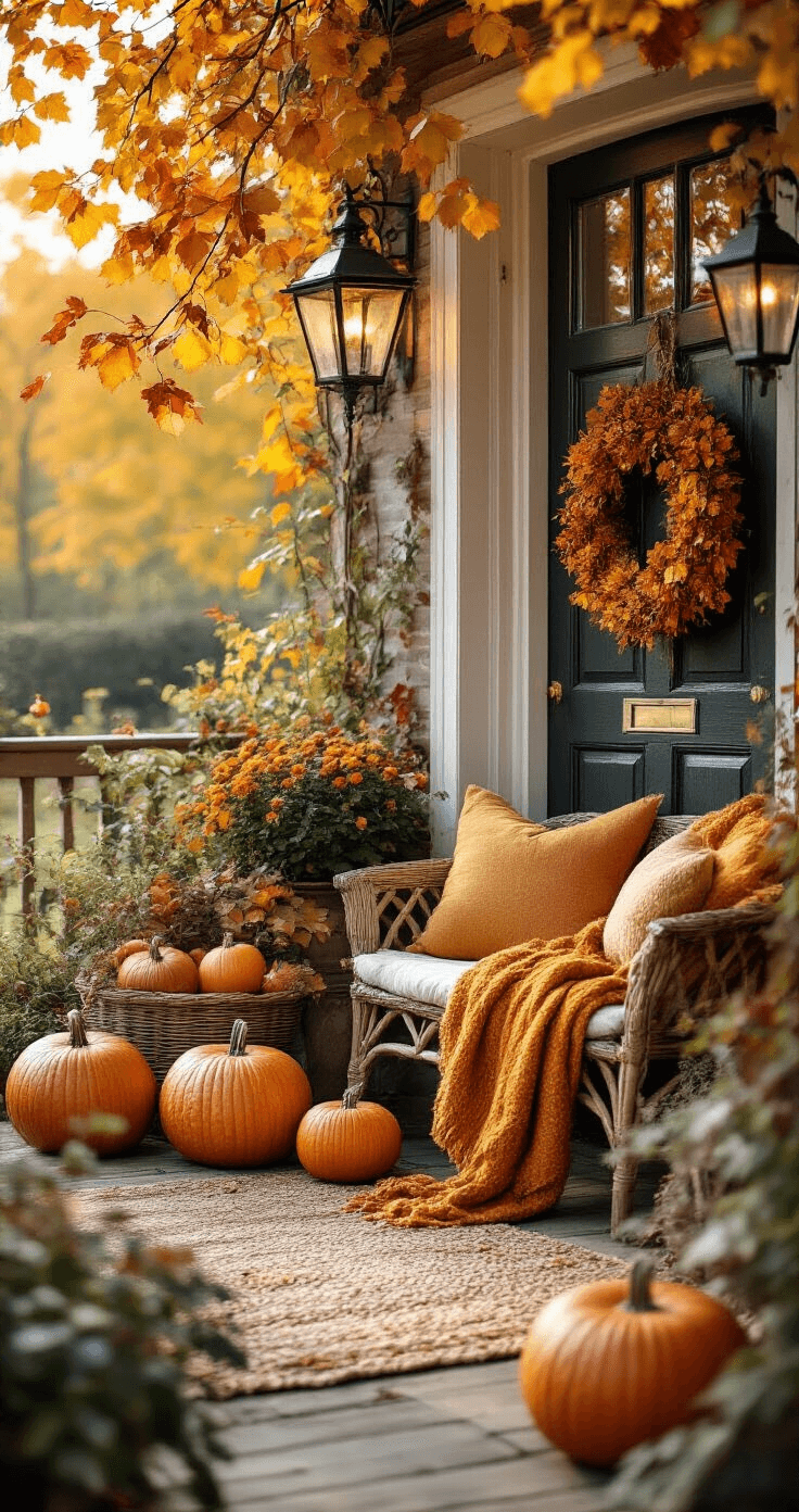 Warme herfstsfeer op een Nederlands terras met decoratieve pompoenen, een rustieke herfstkrans aan de deur, wollen plaids in mosterdgeel en diep oranje over houten stoelen, en koperkleurige lantaarns die warm licht uitstralen tussen gedroogde herfstbladeren.