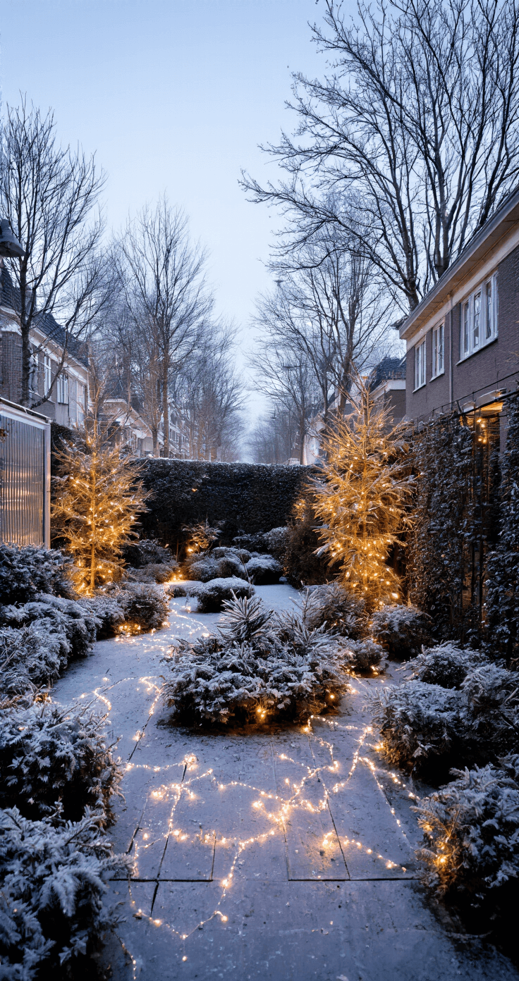 Betoverende winterse Nederlandse tuin bij schemering met koude tinten en warme lichtaccenten, kerstkransen aan zwarte smeedijzeren hekken, zilverkleurige tuinbeelden tussen coniferen, witte LED-verlichting langs balkonranden, en ijsreflecties op glas in dramatische avondbelichting.