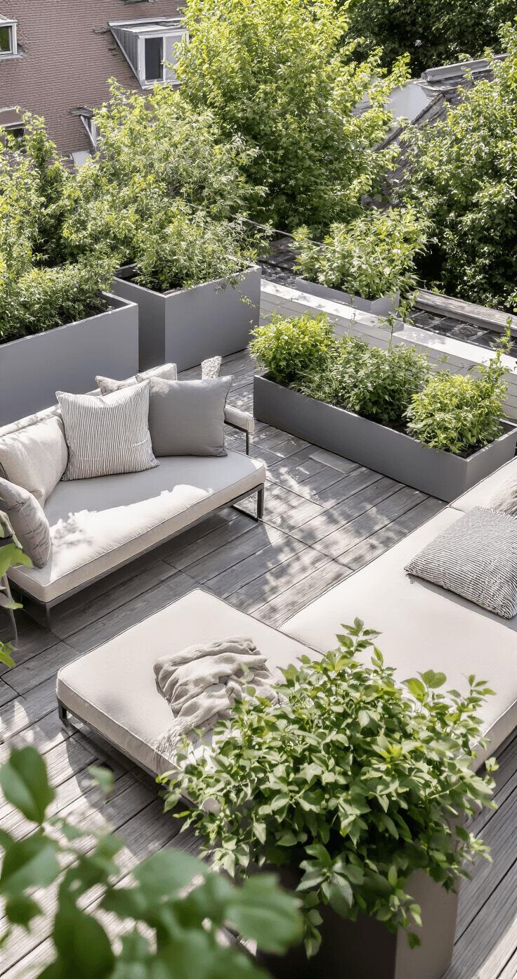 Stijlvol ingericht dakterras in Nederland met moderne seizoensdecoratie, geometrische betongrijze planters, luxe loungebanken met natuurlijke linnen kussens, en industriële koperen hanglampen, gefotografeerd vanuit een vogelperspectief in helder daglicht.