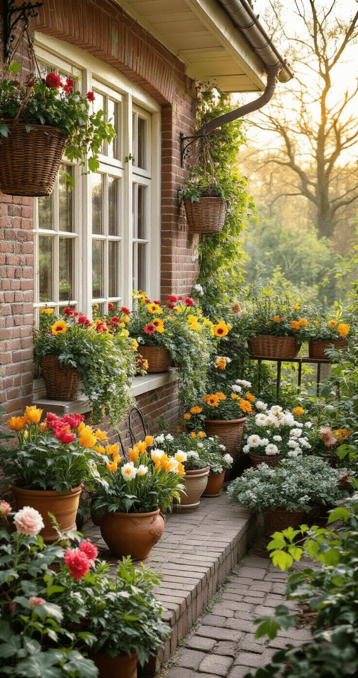 Romantische balkontuin bij zonsopgang met antieke bloempotten, paasdecoraties en vintage rieten manden, terwijl doorschijnende gordijnen wapperen in de ochtendwind.