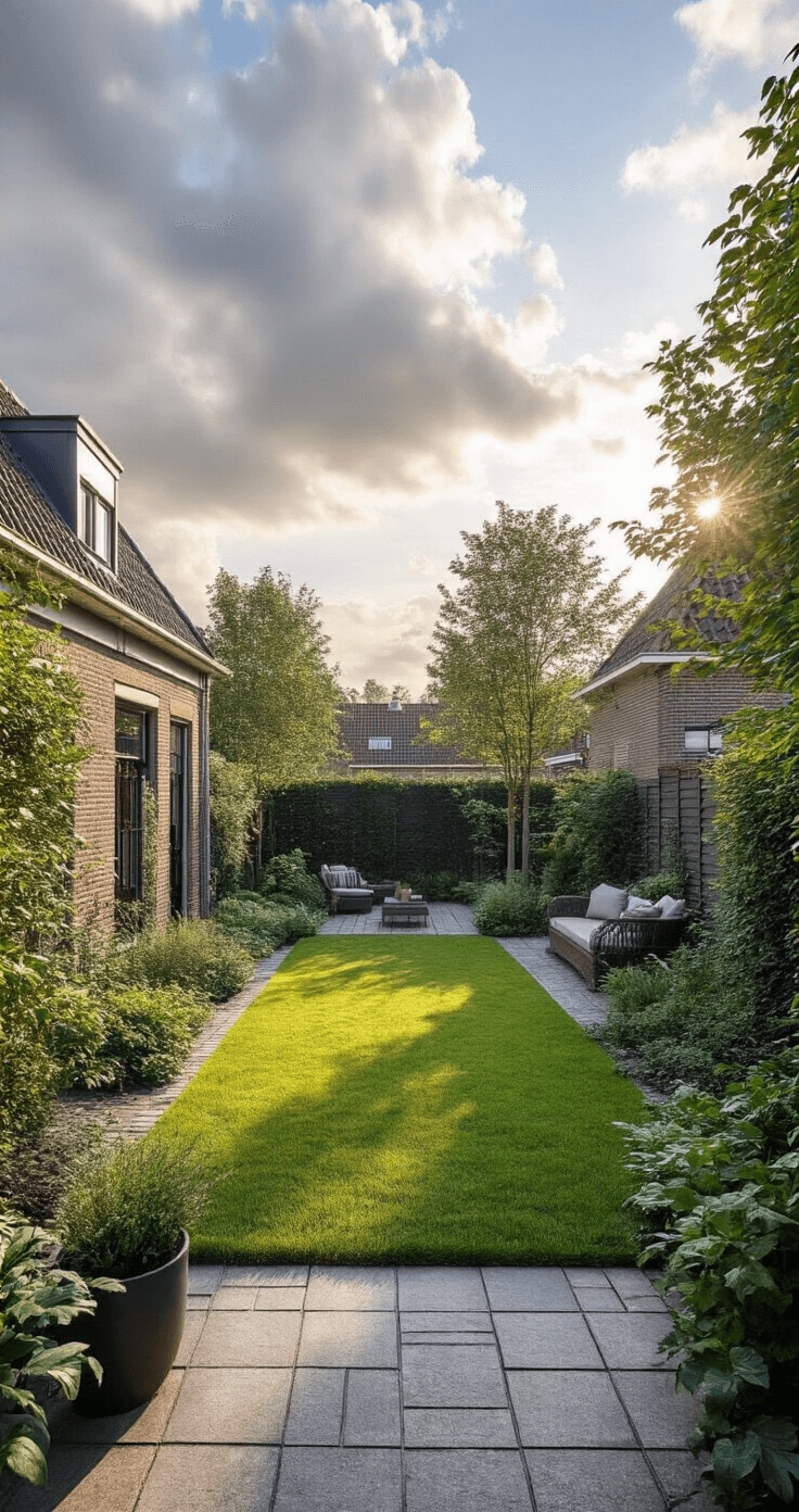 Fotorealistische weergave van een Nederlandse achtertuin van 15x10 meter in het vroege ochtendlicht, met keramische tegelpaden en groene zones, grote grasvlakken en een zithoek, gefotografeerd vanuit een verhoogd standpunt in een serene sfeer.