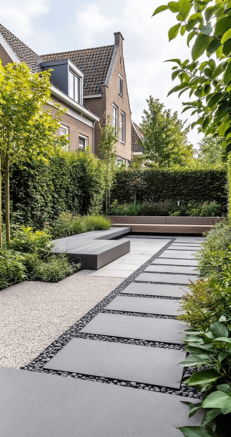 Luxueuze Nederlandse terrastuin in middagschijn, met antraciet keramische tegels en siergrind borders in warmgrijzen. Geometrische plantvakken met duurzame materialen, strakke lijnen en een moderne uitstraling, gefotografeerd vanuit ooghoogte met duidelijke textuurcontrasten.
