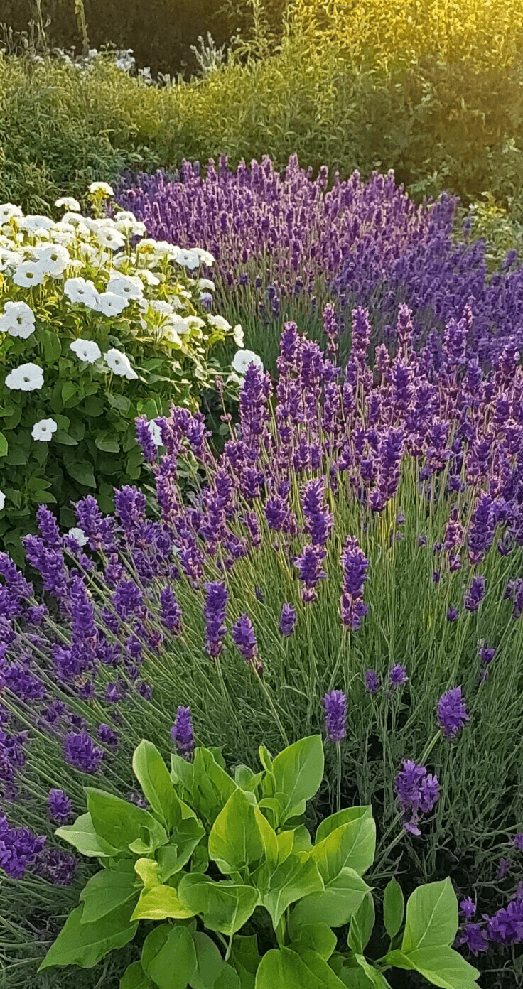 Weelderige Nederlandse borders in het gouden uur met paarse lavendel, witte hortensia's, en roze vlinderstruiken. Skimmia met glanzend groen blad en wilde tijm tussen stenen. Natuurlijke groepering van onderhoudsarme beplanting met bodembedekkers. Lage camerahoek toont macro-details en createert een warme, romantische cottage-garden sfeer.