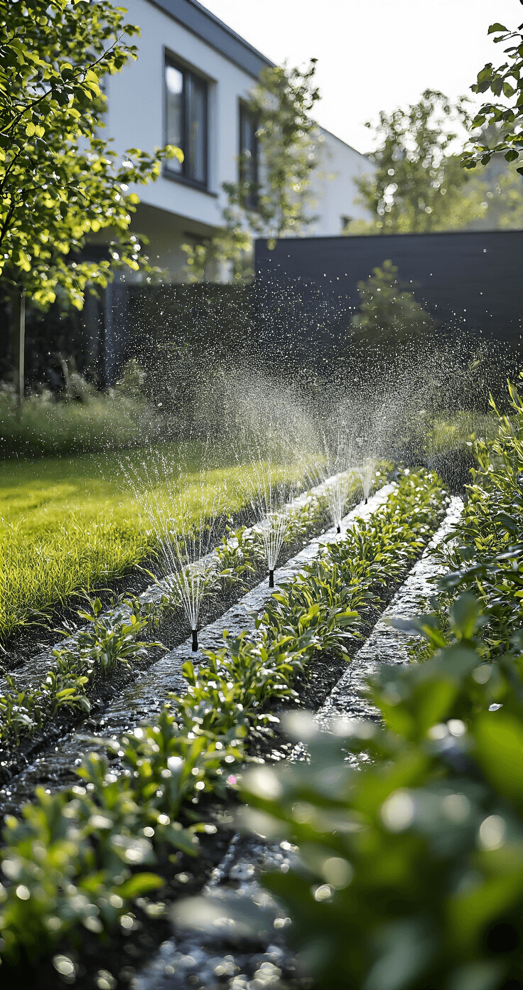 Moderne automatische irrigatiesysteem met druppelslangen tussen plantborders, zwarte waterslangen netjes weggewerkt, geautomatiseerde sproeiers en glinsterende waterdruppels op bladeren in een frisse ochtendnevel. Regentonnen op de achtergrond, innovatieve tuintechnologie in detail.