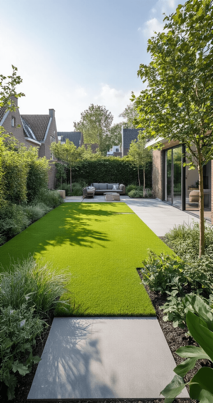 Minimalistisch gazonontwerp met kunstgras en natuurlijk gras, strakke borders en groene bodembedekkers, uitzicht vanuit de woonkamer in de namiddagzon.