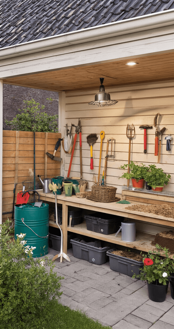 Een georganiseerde Nederlandse tuingereedschapberging in de vroege avond met nette rijen tuingereedschap, mulch, plantenbakken, een werkbank voorzien van handschoenen, tuinschaar en gieter, en een gedetailleerd tuinplan op de muur.