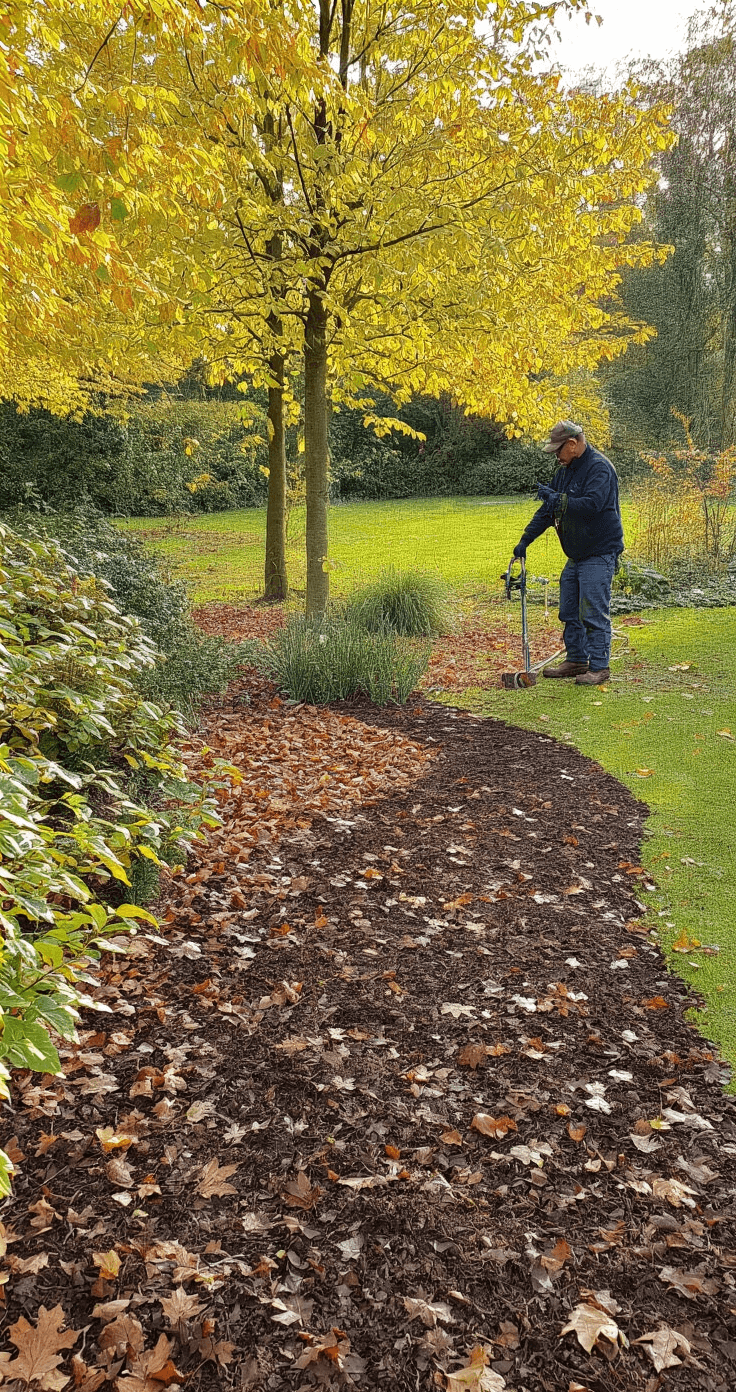 Tuinman snoeit struiken in gouden herfstlicht, omringd door gevallen bladeren. Verse mulchlaag en druppelslangen zichtbaar, terwijl het seizoensonderhoud wordt gedocumenteerd.