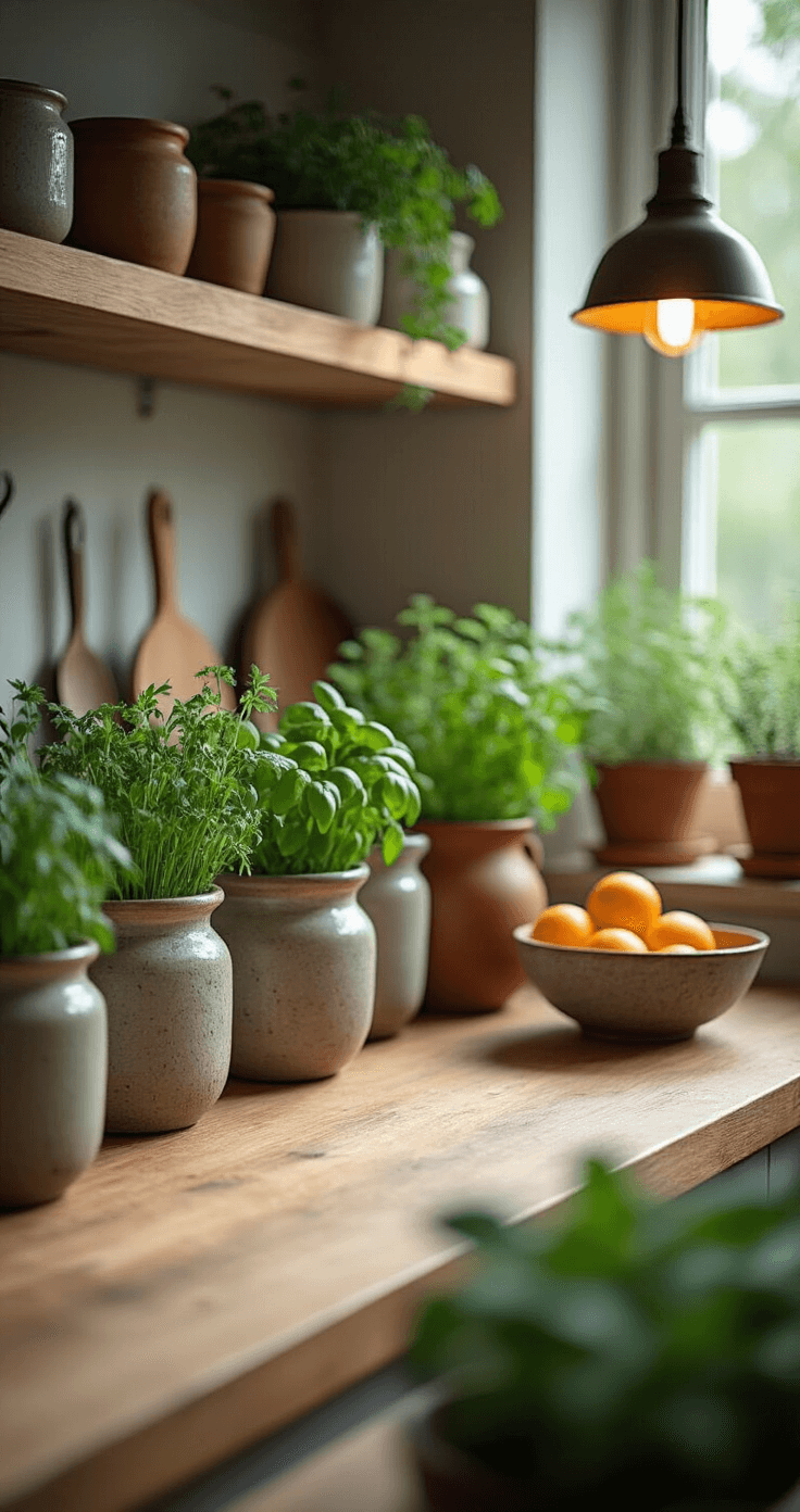 Kruidentuin in Kleine Ruimtes: Jouw Ultieme Gids voor Verse Kruiden Thuis Intieme close-up van een keukenwerkblad met verschillende compacte containers gevuld met verse kruiden, verlicht door warm kunstlicht en natuurlijk daglicht, met focus op de textuur en glans van de bladeren.