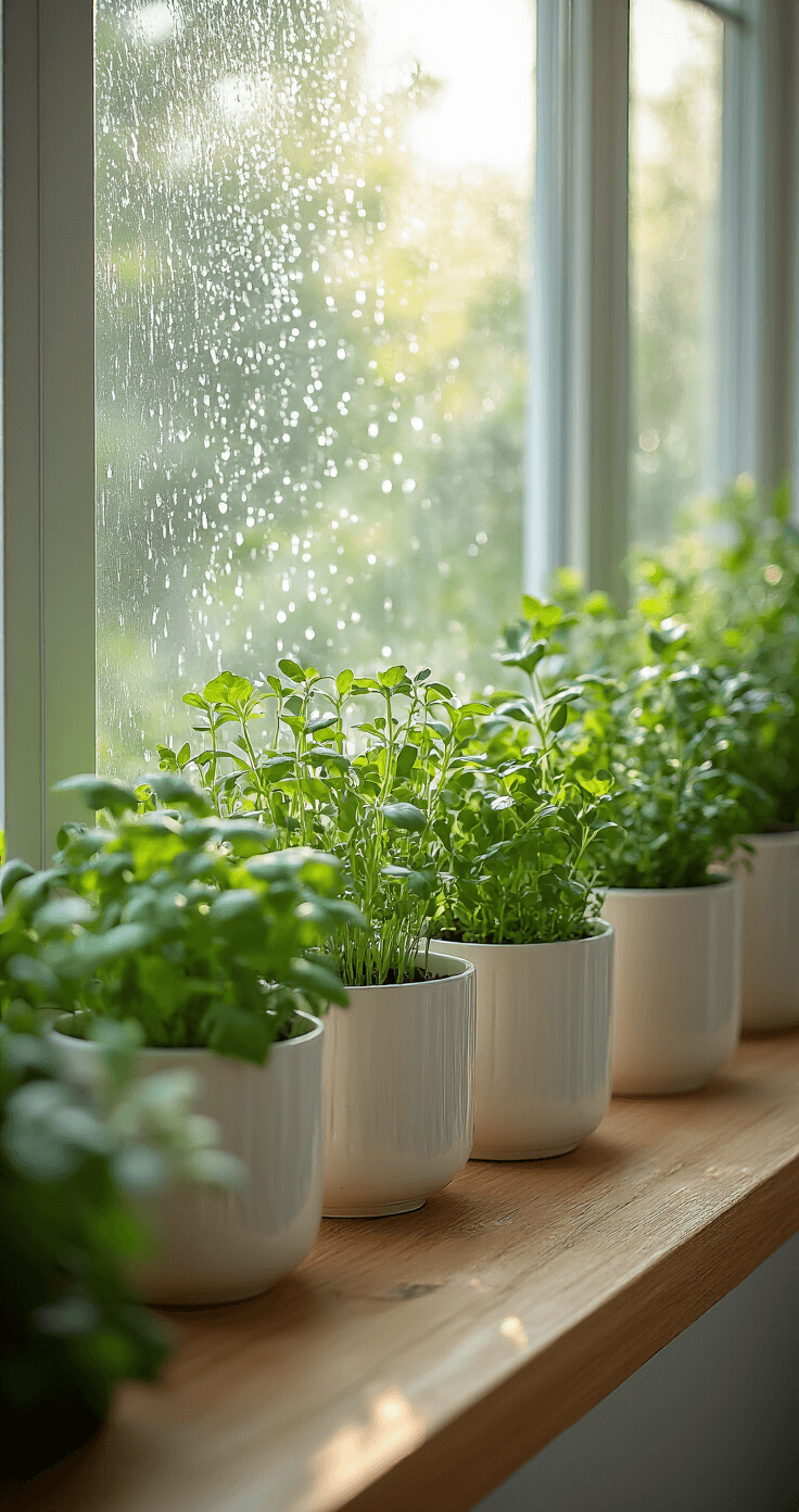 Kruidentuin in Kleine Ruimtes: Jouw Ultieme Gids voor Verse Kruiden Thuis Een serene vensterbank kruidentuin met een waterdruppelsysteem, verschillende potten met weelderige kruiden in witte keramische potten. Zacht ochtendlicht valt door frosted glas en creëert een etherische gloed om de planten, met focus op waterdruppels en de texturen van verse kruiden.