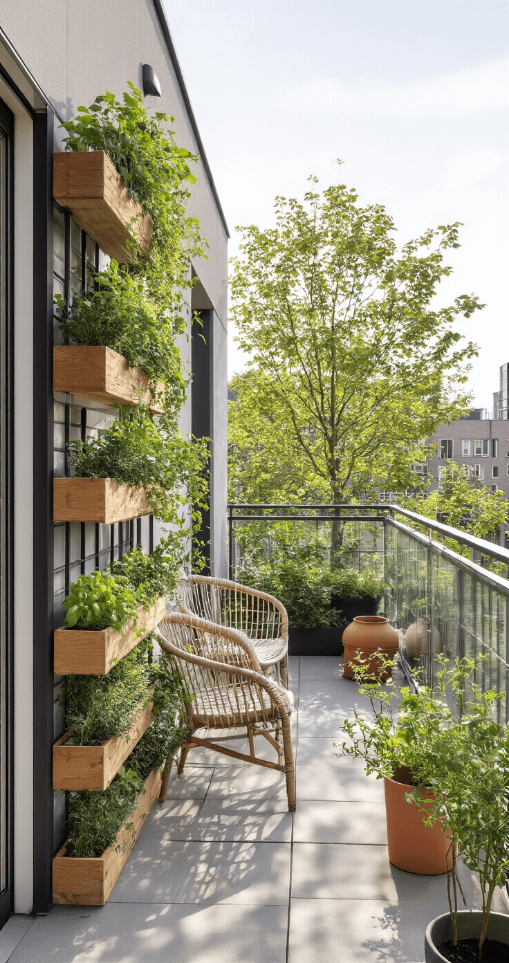 Modern appartement met balkon, creatieve verticale tuinzakken aan glazen balustrade, ochtendlicht op betonnen vloer, houten plantenrekken met kruiden, rotan balkonstoelen, mintgroene plantenzakken, terra cotta potten en stedelijk uitzicht.