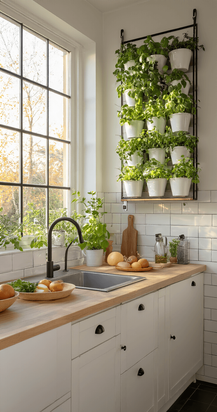 Kleine Nederlandse keuken met een verticale kruidentuinwand, verlichte kruiden in hangpotten, lichte eiken kasten, matte zwarte kranen en modulaire plantensystemen, onder warme LED-verlichting en daglicht.