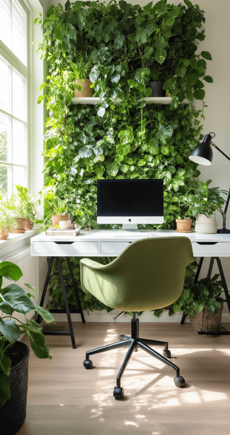 Lichte studeerkamer met een innovatief plantenklimsysteem langs de wand, een wit bureau met zwarte poten en een groene bureaustoel, omgeven door verschillende groene planten en verticale tuinzakken in aardse tinten, met zachte ochtendzon die natuurlijke schaduwen op de laminaatvloer creëert.