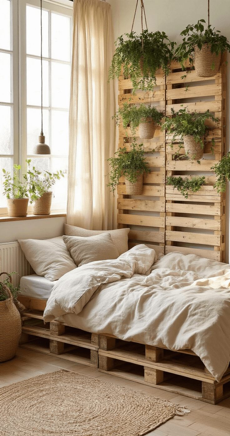 Gezellige Nederlandse slaapkamer met hergebruikte pallet verticale tuin, zachte beige beddengoed op een naturel houten bed, en hangende plantenbakken verlicht door de warme avondzon.