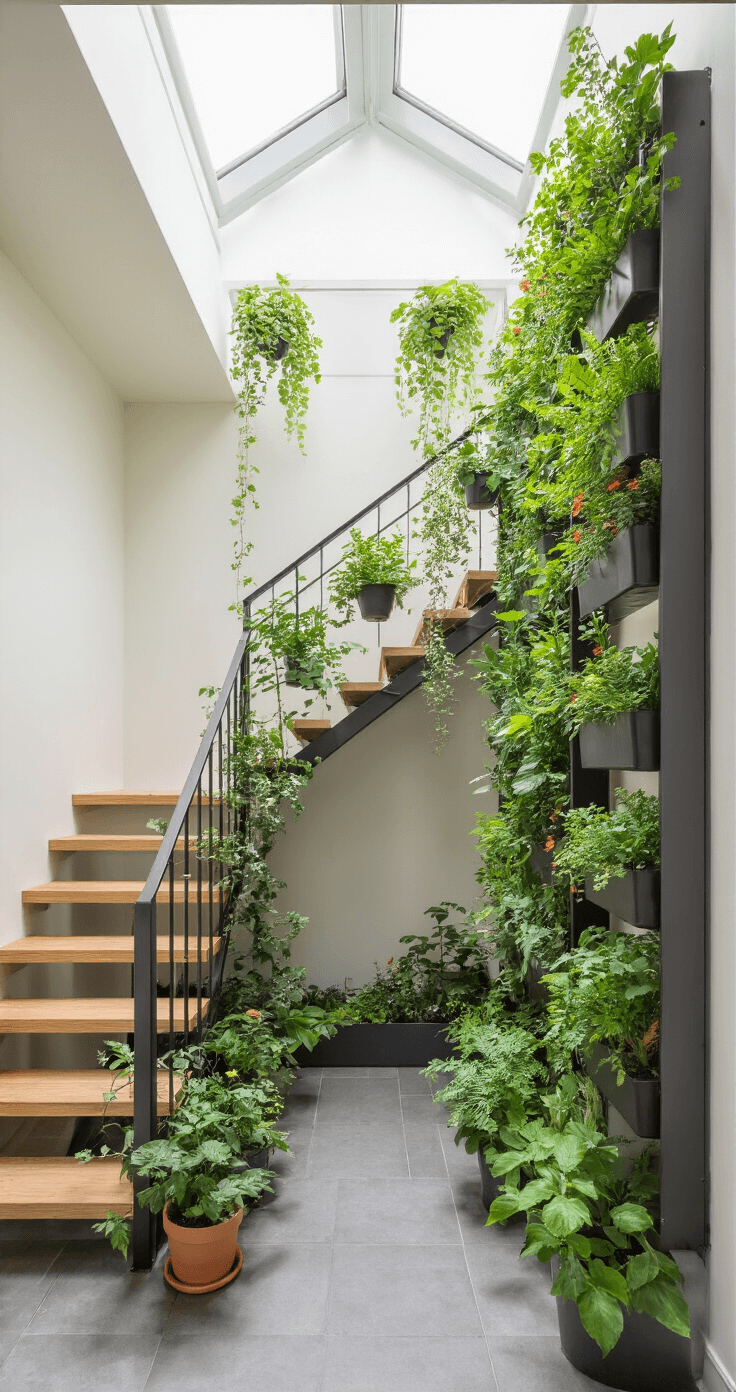 Moderne Nederlandse hal met verticale tuin langs de trap, zachte middagzon verlicht zwarte modulaire plantensystemen, grijze tegelvloer en witte muren, natuurlijke houten trapleuning en diverse planten in groene en terracotta potten.