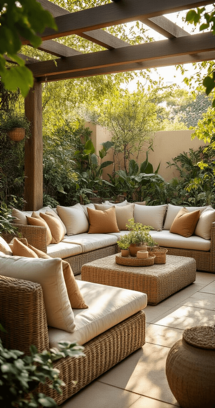 Tuintrends 2026: Jouw Tuin als Persoonlijk Paradijs Ruime tuinterras met beige loungeset, comfortabele kussens, ligbedden en kamerplanten in aardewerk potten, verlicht door de gouden middagzon door een pergola.