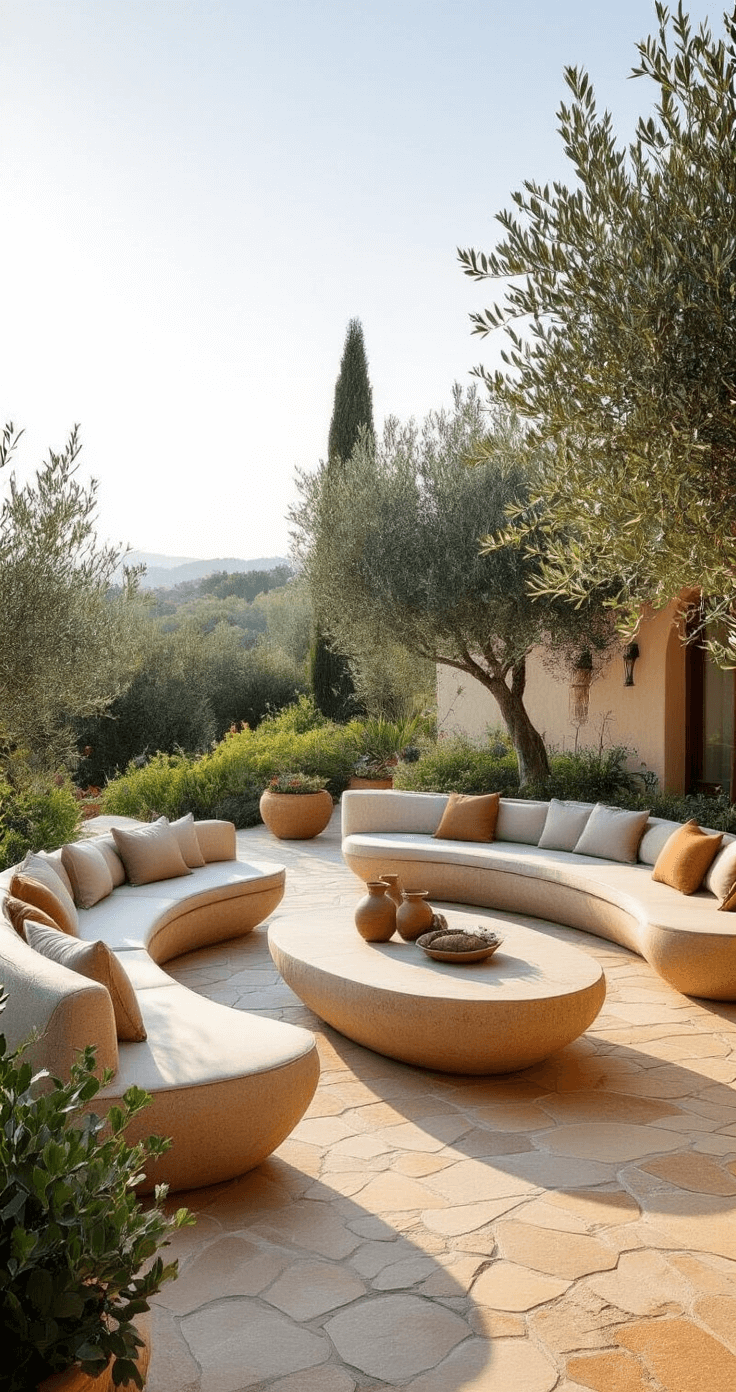 Tuintrends 2026: Jouw Tuin als Persoonlijk Paradijs Elegante tuinruimte met organische vormen, ovale tafels en gebogen banken, natuurstenen vloer, mediterrane olijfbomen en terracotta accenten, gefotografeerd vanuit een lage hoek in de late namiddagzon.
