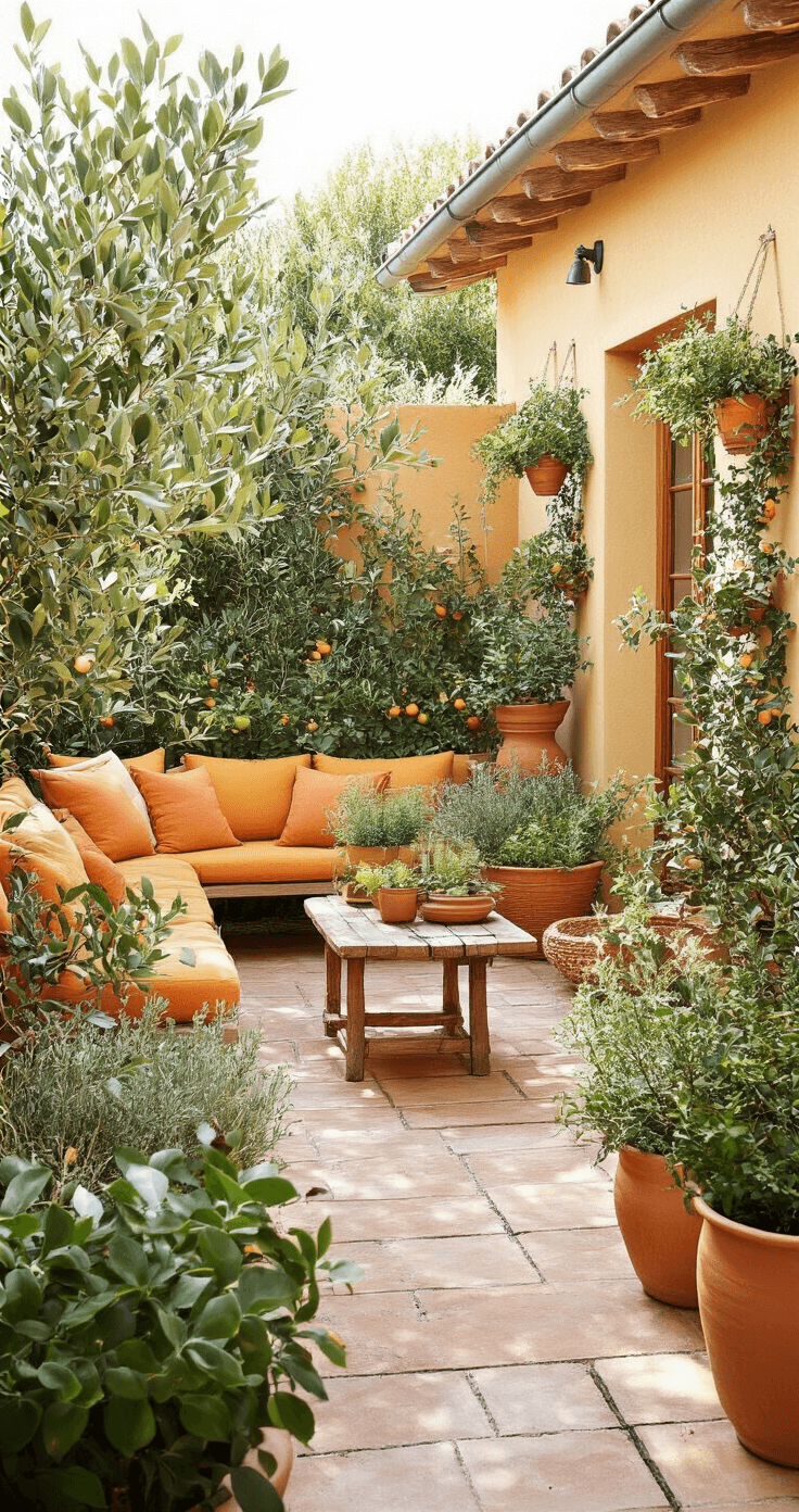 Tuintrends 2026: Jouw Tuin als Persoonlijk Paradijs Kleurrijke tuinhoek met terracotta plantenbakken, olijfgroene kussens en citroengele accenten in gouden uurtje licht, tonen warme, uitnodigende mediterrane sfeer met natuurlijk hout en diverse texturen.