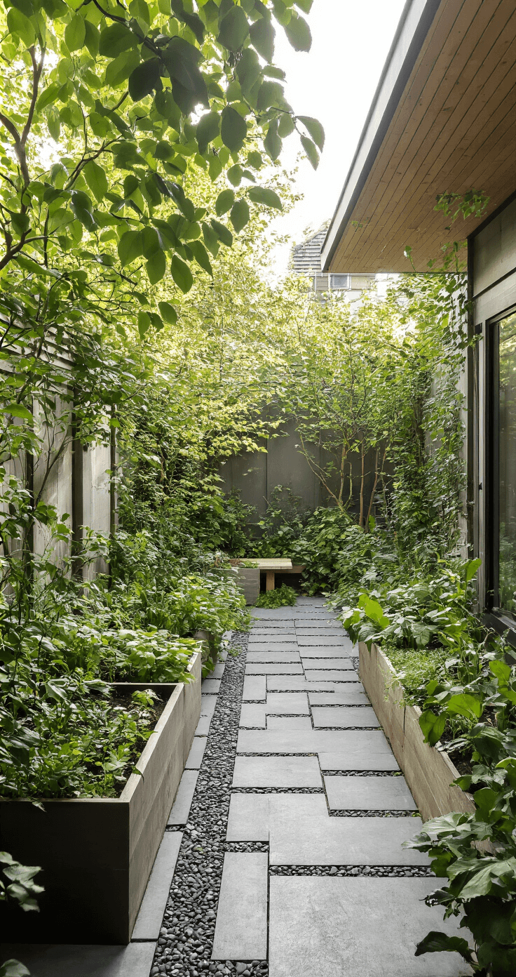 Tuintrends 2026: Jouw Tuin als Persoonlijk Paradijs Een duurzame eco-tuin met klimaatbestendige beplanting, waterdoorlatende tegels, en geïntegreerde moestuinbakken, weergegeven vanuit een verhoogd standpunt in diffuus ochtendlicht, met een groen-grijs kleurschema en een rustige, natuurverbonden sfeer.