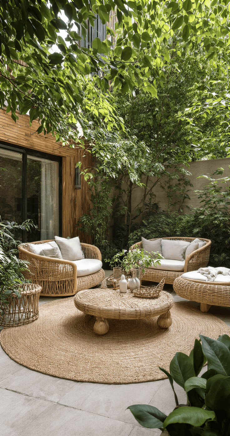 Tuintrends 2026: Jouw Tuin als Persoonlijk Paradijs Intieme close-up van een luxe tuinruimte met FSC-houten meubels, gerecycled aluminium accenten en handgeweven rotan loungesets, omringd door groene beplanting en aardewerk details, in een zachte schaduwrijke verlichting.