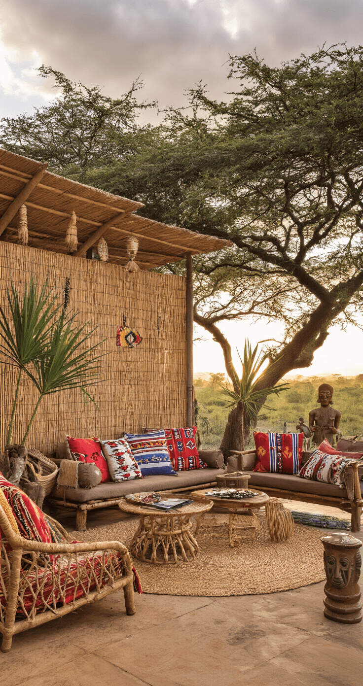 Tuintrends 2026: Jouw Tuin als Persoonlijk Paradijs Masai safari geïnspireerde tuinhoek met aardetinten, tribal print kussens, rotan details en exotische planten, gefotografeerd in dramatisch tegenlicht van de ondergang van de zon.