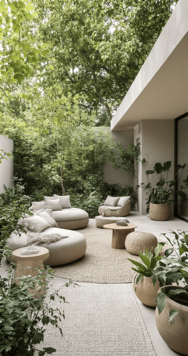 Tuintrends 2026: Jouw Tuin als Persoonlijk Paradijs Eco-vriendelijk tuinretreat met bouclé outdoor stoffen en organische vormgeving, zachte grijsgroene tinten, minimalistische beplanting en een sereen kleurpalet, vastgelegd vanuit een verhoogd vogelperspectief op een zachte bewolkte dag.