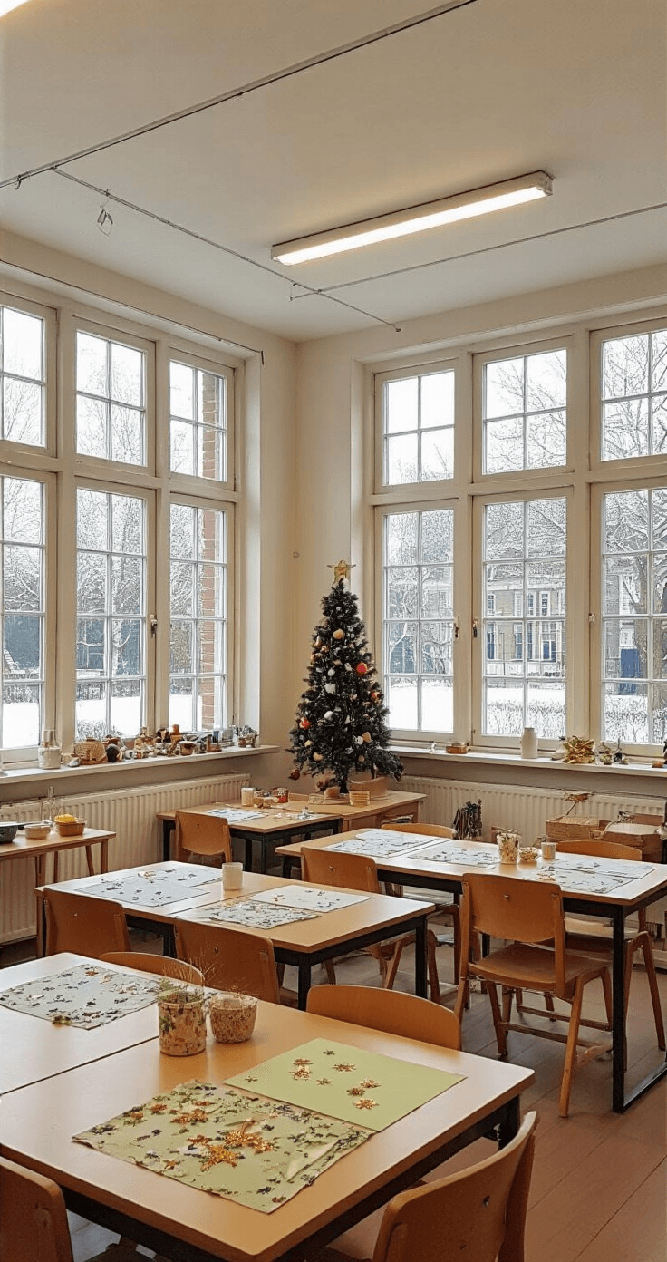 Een warm verlicht Nederlands klaslokaal op een koude decembermiddag met houten tafels bedekt met knutselpapier, verfpotjes in kerstkleuren, en handafdruk-kerstbomen die drogen aan waslijntjes. Gouden glitters en lijmstiften zijn verspreid over de werktafels, terwijl een gezellige leeshoek met rieten mandjes aan de sfeer bijdraagt.