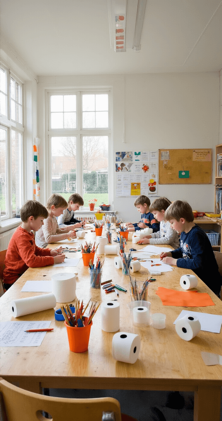 Een rommelige schoolwerkplaats met lange houten tafels vol sneeuwpoppen van wc-rollen, omgeven door kleurrijke knutselmaterialen. Kinderhandjes werken aan de details terwijl de warme ochtendzon door de ramen filtert en schaduwen op de vloer creëert.