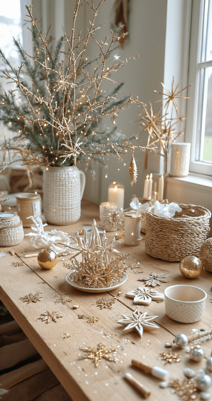 Een creatieve knutselruimte met eiken werkbanken, gevuld met ijsstokjes-kerststerren, gouden acrylverf en glinsterende glitters. Satijnen linten in kerstkleuren draperen artistiek over de werkruimte. Het warme, honingkleurige licht van de middagzon creëert een sprookjesachtige sfeer vanuit een vogelperspectief.