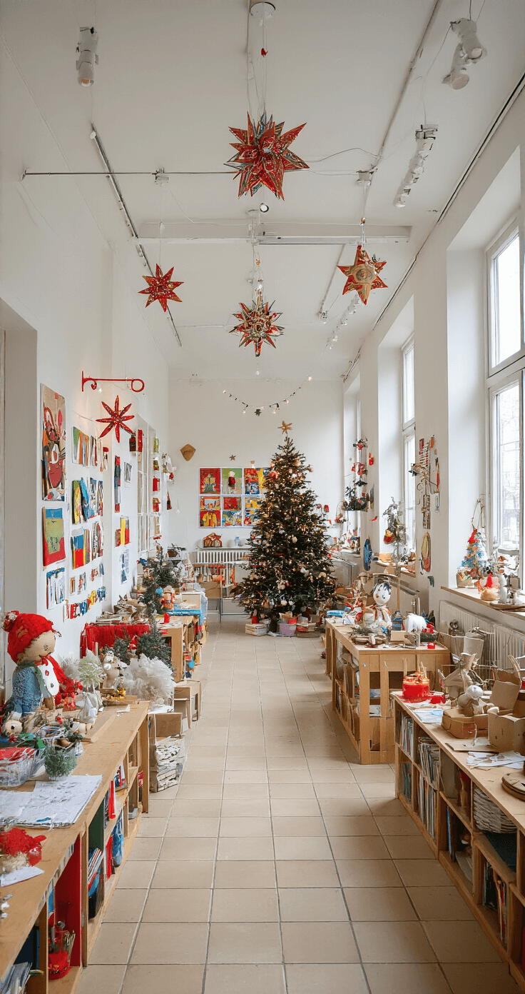 Een winterwonderland tentoonstelling in een Nederlandse school, met kunstwerken van kinderen, kleurrijke kerstcreaties, en houten displaytafels vol gerecyclede knutselwerken, verlicht door warm kunstlicht en daglicht.