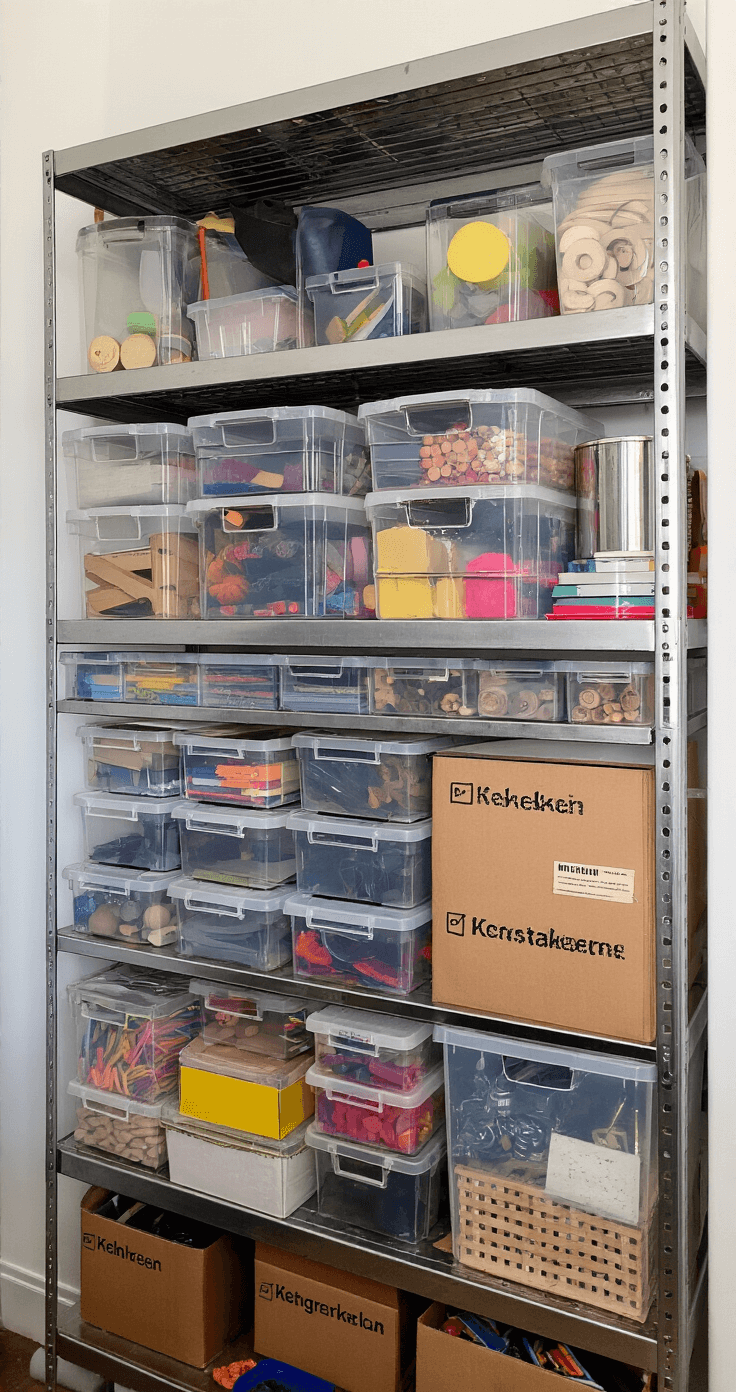 Georganiseerde knutselvoorraadkamer met metalen schappen vol transparante opbergbakjes, gekleurde knutselmaterialen, en een nette werktafel, verlicht door helder tl-licht en natuurlijk licht.