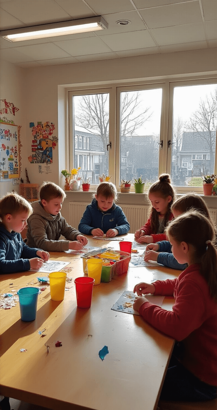 Drukke Nederlandse klaslokaal tijdens knutselactiviteit met houten tafels vol knutselprojecten, kleurrijke materialen en handjes van kinderen in actie, verlicht door tl-verlichting en decembermiddagzon.