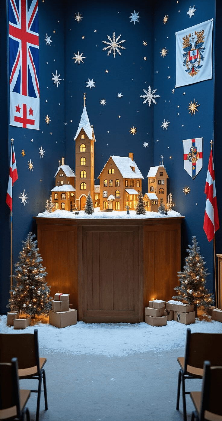 Een sfeervolle schoolaula omgetoverd tot een magisch kerstdorp tijdens een presentatie, met donkerblauwe achtergronden en warme spotlichten die de miniatuur huisjes en besneeuwde wattenlandschap accentueren. Klapstoeltjes voor publiek en Nederlandse schoolvlaggen aan de muren creëren een theatrale atmosfeer waarin kindercreaties schitteren.