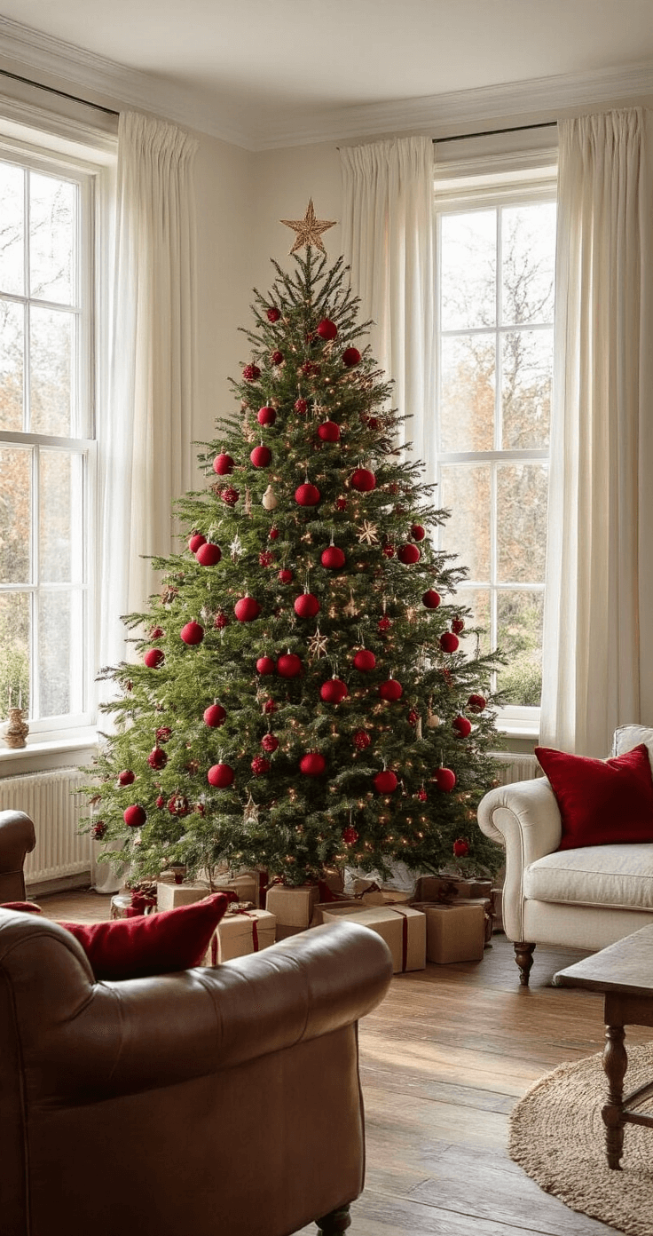 Luxe Nederlandse woonkamer met een traditionele rode kerstboom, warme ochtendlicht door witte gordijnen, donkere leren fauteuils en crèmekleurige bank, rustieke salontafel, en Perzisch tapijt in bordeauxrode tinten.