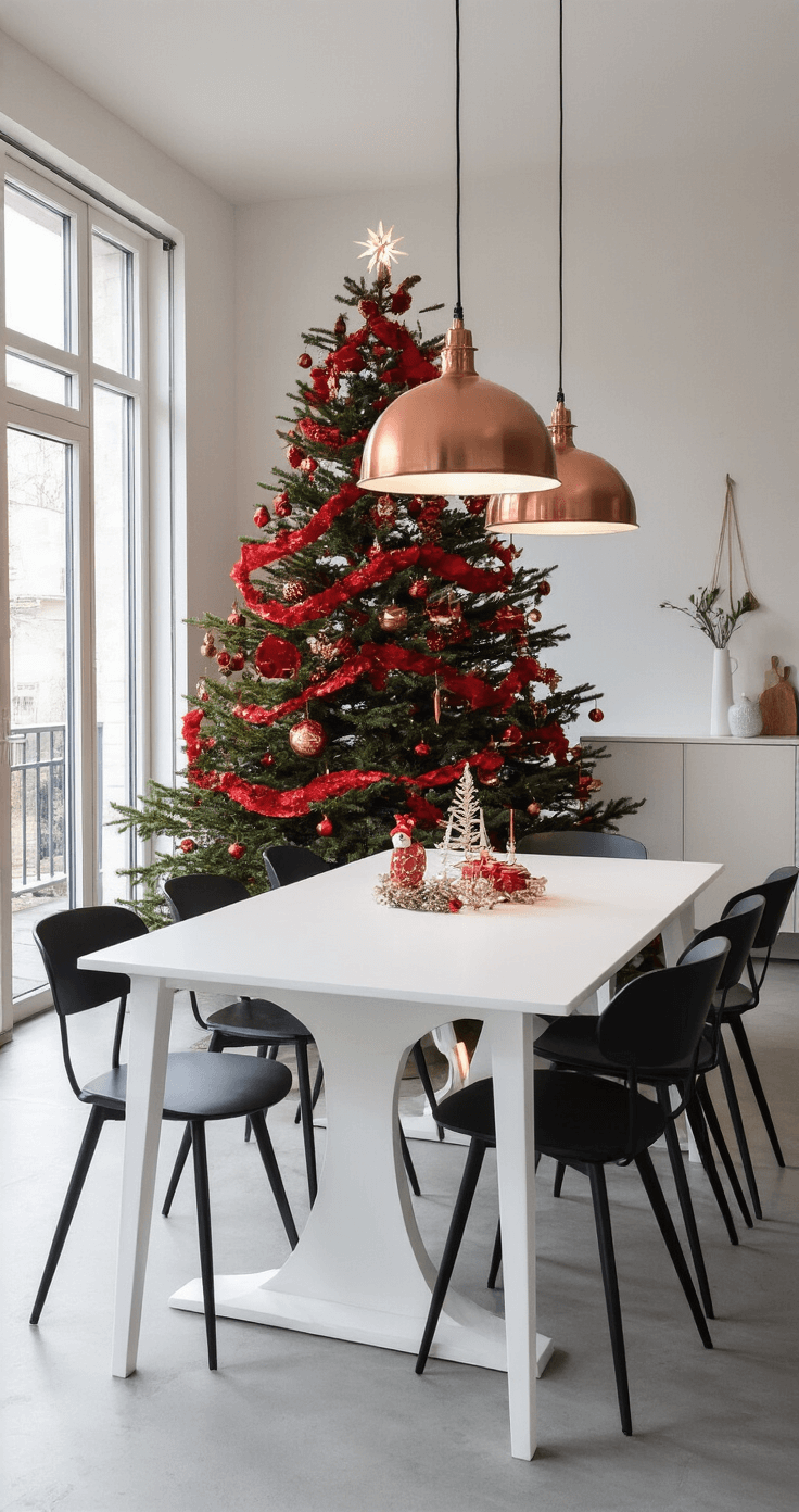 Moderne minimalistische eetkamer met een slanke nobilis kerstboom als centerpiece, verlicht door avondlicht, Scandinavische eettafel, zwarte stoelen, betonvloer en koperen hanglampen.