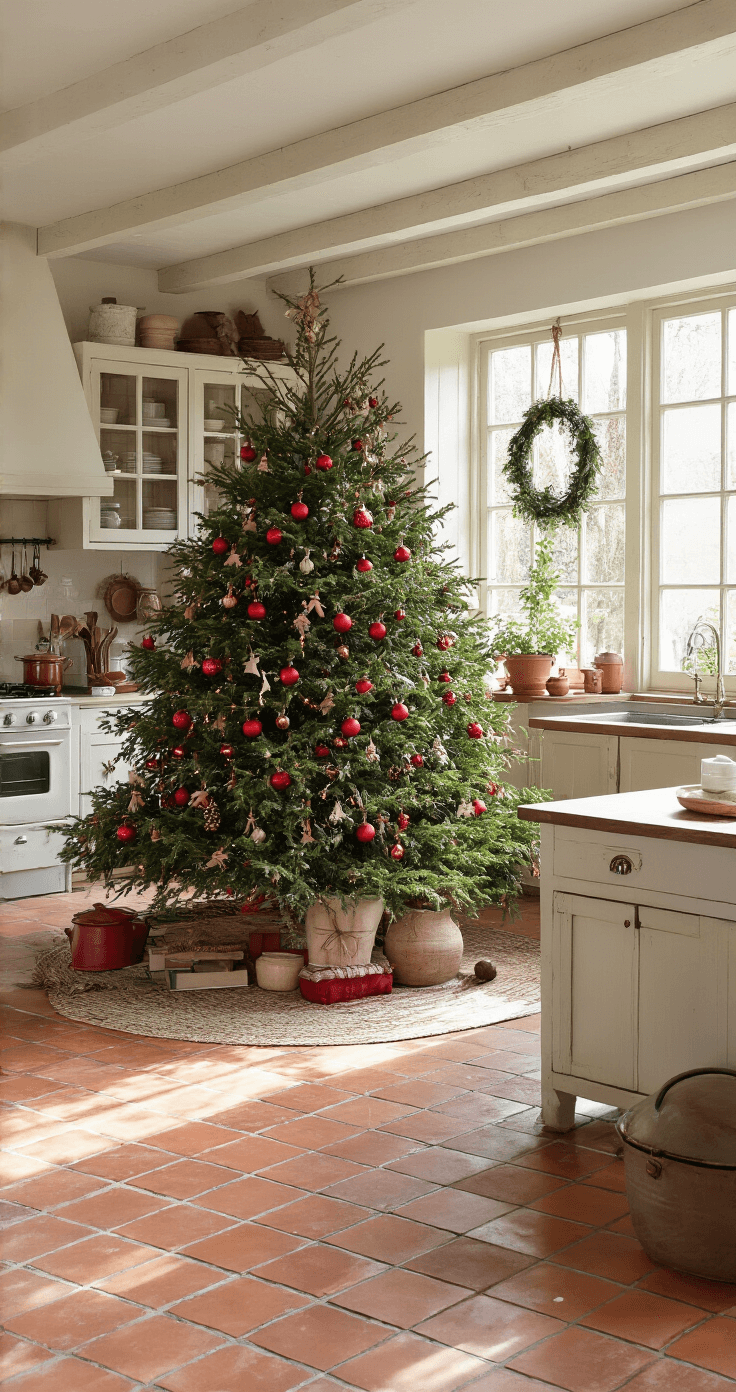 Gezellige boerderijkeuken met rustieke kerstdecoraties, inclusief rode kerstboom en handgemaakte versieringen, verlicht door middaglicht dat door kleine ramen valt.