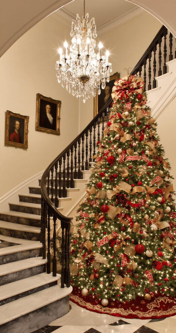 Elegante hal met een grote nordmann kerstboom versierd met rood fluweel en goud, marmeren vloer met zwart-wit patroon, donkere houten trap met smeedijzeren leuning, en antieke spiegels aan de muur, onder een kristallen kroonluchter.