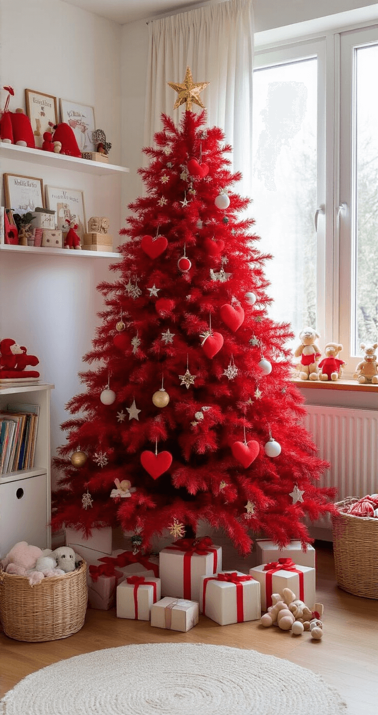 Knusse kinderkamer met een speelse rode kerstboom vol handgemaakte versieringen en ochtendlicht dat door kleurrijke gordijnen schijnt. Witte meubels, zachte roze en rode kussens op een houten vloer, boekenplanken vol prentenboeken en knuffels in een mand. Zachte pastelkleuren vloerkleden creëren een warme, familievriendelijke kerstsfeer.