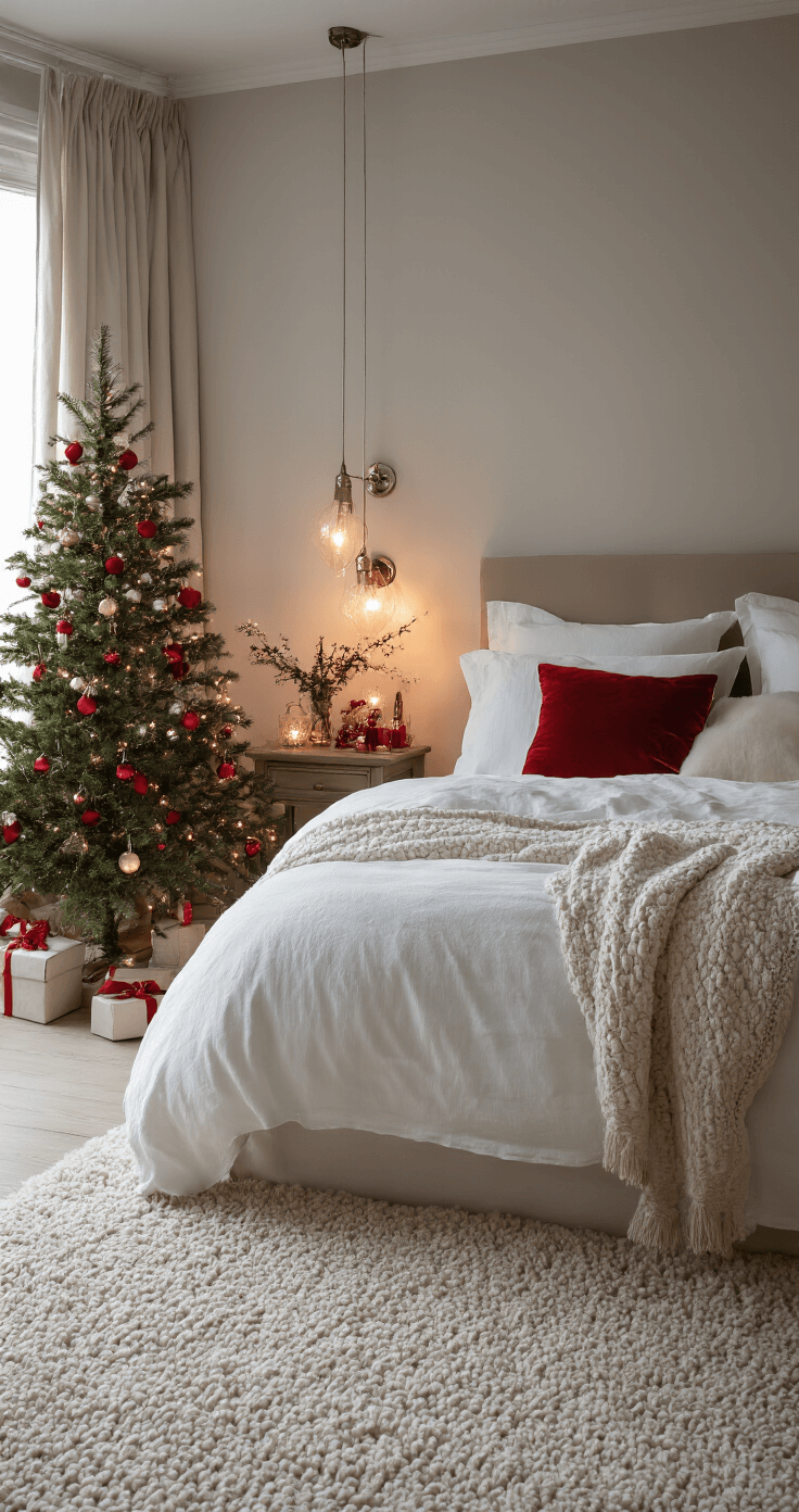 Chique slaapkamer met avondlicht en subtiele rode kerstdecoratie, incl. een kleine kerstboom en kingsize bed met rode fluwelen sierkussens.