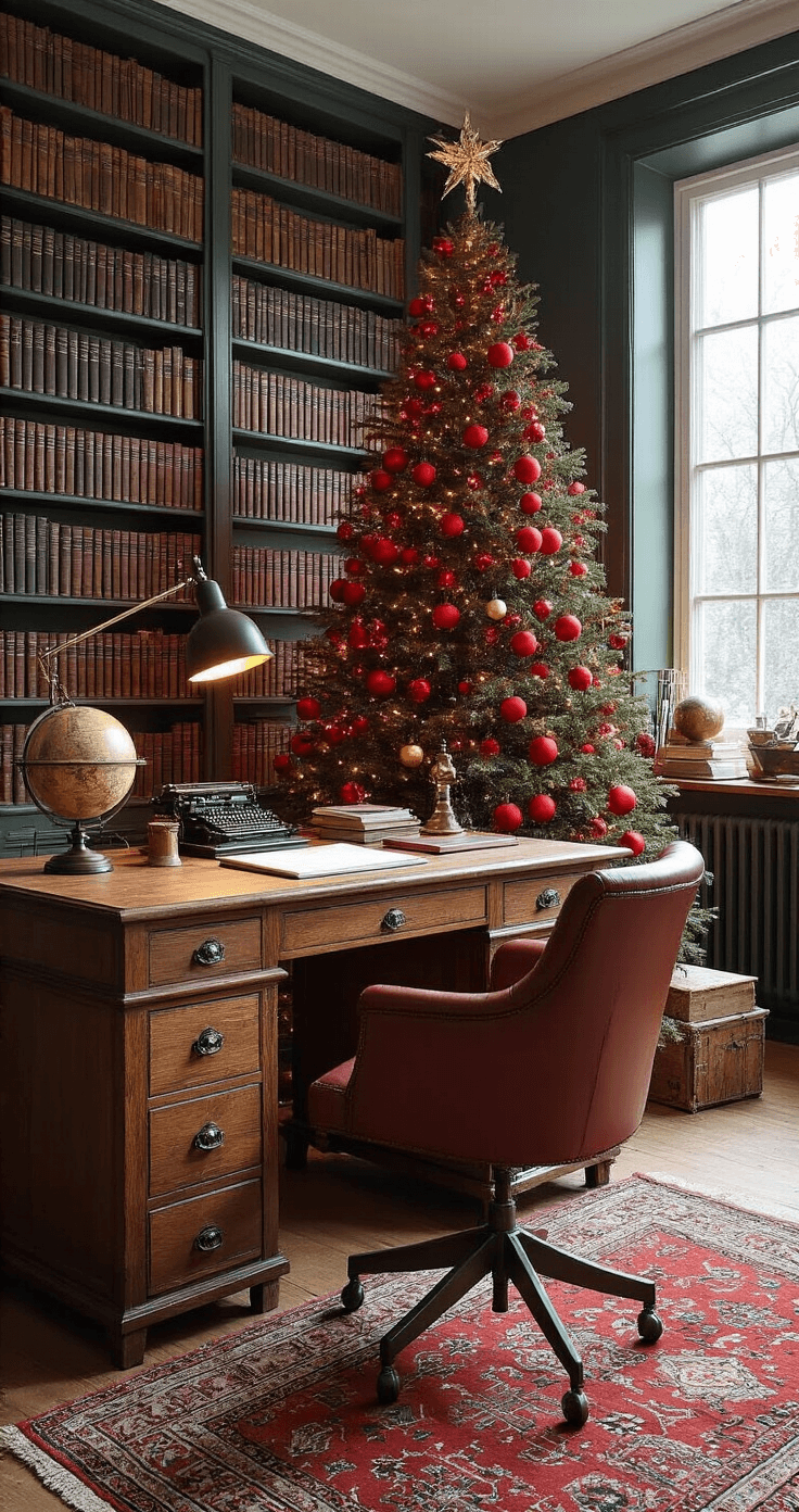 Stijlvolle studeerkamer met moderne rode kerstboom, hoge ramen en donkere houten bureau, sfeervol verlicht door wintermiddaglicht.